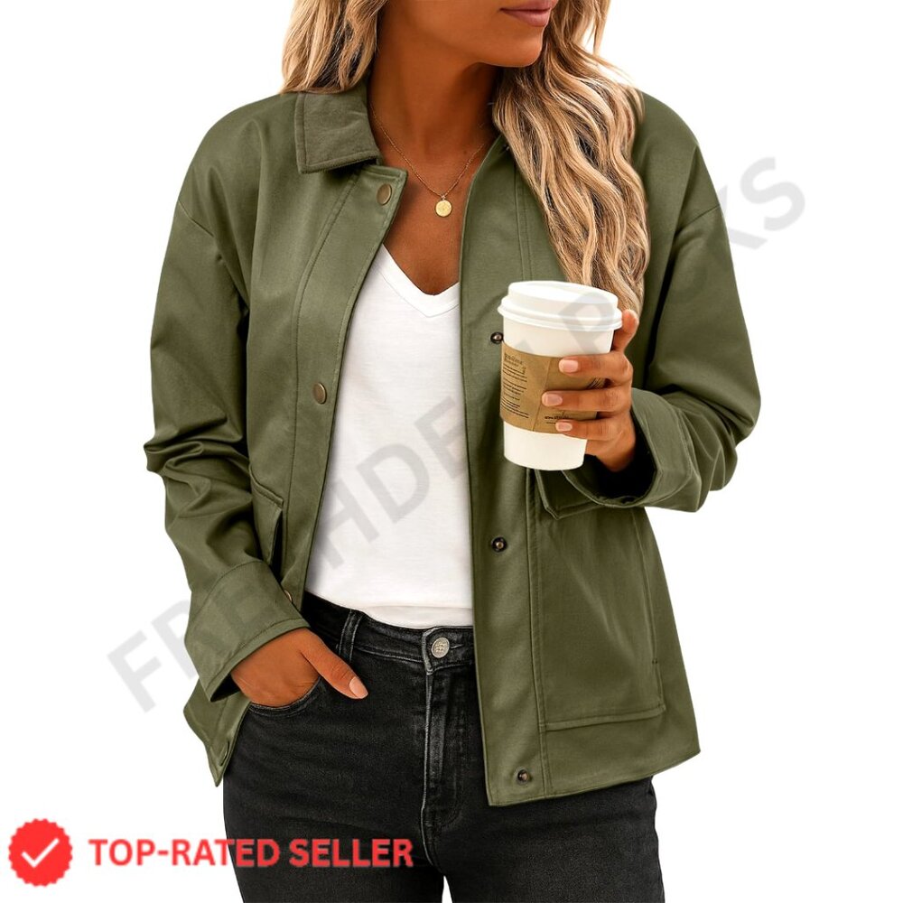 Lightweight Cropped Shacket Button Down Coat With… - image 1